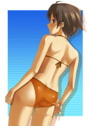 Rule 34 | 1girl, adjusting clothes, adjusting swimsuit, ass, back, bikini, blue background, blush, border, brown eyes, brown hair, cowboy shot, dream c club, dream c club (series), dutch angle, embarrassed, female focus, from behind, gradient background, kisugi akira, looking at viewer, looking back, matching hair/eyes, nao (dream c club), orange bikini, outside border, short hair, solo, standing, striped, striped background, sweat, swimsuit, white border