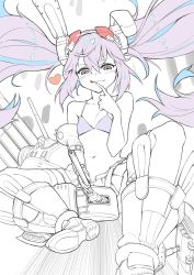 Rule 34 | 1girl, animal ears, azur lane, belt, bikini, bikini top only, blush, boots, buckle, detached sleeves, fake animal ears, finger to mouth, flat chest, gradient eyes, heart, highres, kyma curry, laffey (azur lane), light purple hair, long hair, looking at viewer, midriff, miniskirt, multicolored eyes, multicolored hair, naughty face, navel, partially colored, phallic symbol, pleated skirt, rabbit ears, single detached sleeve, sitting, skirt, solo, spread legs, streaked hair, swimsuit, tongue, tongue out, turret, twintails, unfastened