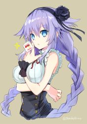 Rule 34 | 10s, 1girl, between breasts, blue eyes, braid, breasts, cleavage, cosplay, dagashi kashi, flower, food, hair flower, hair ornament, long hair, looking at viewer, nail polish, neptune (neptunia), neptune (series), pudding, purple hair, purple heart (neptunia), purple nails, shidare hotaru, shidare hotaru (cosplay), shiitake urimo, solo, star (symbol), symbol-shaped pupils, twin braids, very long hair