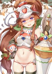 Rule 34 | 1girl, acorn hair ornament, animal ears, armor, bare shoulders, blush, bracer, branch, breastplate, breasts, brown hair, elbow gloves, gloves, green scarf, grey gloves, grey thighhighs, helmet, lance, leaf, long hair, looking at viewer, low-tied long hair, miazi, navel, open mouth, panties, polearm, ponytail, princess connect!, purple eyes, rin (princess connect!), rin (ranger) (princess connect!), scarf, sidelocks, small breasts, smile, solo, squirrel ears, squirrel girl, squirrel tail, tail, thighhighs, thighs, underwear, weapon, white panties
