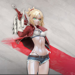 Rule 34 | 1girl, 3d, belt, black panties, blonde hair, bracelet, breasts, denim, denim shorts, fate/apocrypha, fate (series), green eyes, grin, hand on own hip, highres, holding, holding sword, holding weapon, jacket, jewelry, leslyzerosix, looking at viewer, micro shorts, midriff, mordred (fate), mordred (fate/apocrypha), mordred (memories at trifas) (fate), navel, necklace, over shoulder, panties, ponytail, shorts, small breasts, smile, solo, sword, sword over shoulder, teeth, thong, underwear, weapon, weapon over shoulder