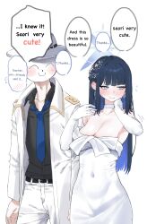 Rule 34 | 1boy, 1girl, ^ ^, averting eyes, black hair, blue archive, blue hair, blush, breasts, choker, cleavage, closed eyes, coat, commentary, covered navel, doodle sensei (blue archive), dress, embarrassed, english text, flying sweatdrops, gloves, halo, highres, long hair, lonklink, looking at another, medium breasts, multicolored hair, official alternate costume, saori (blue archive), saori (dress) (blue archive), sensei (blue archive), simple background, speech bubble, straight hair, strapless, strapless dress, two-tone hair, very long hair, white background, white choker, white coat, white dress, white gloves