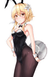 Rule 34 | 1girl, absurdres, alternate costume, animal ears, bare shoulders, black bow, black bowtie, black leotard, black pantyhose, blonde hair, blush, bow, bowtie, breasts, brown pantyhose, collar, commentary, cowboy shot, detached collar, fake animal ears, feather hair ornament, feathers, flower, genshin impact, hair flower, hair ornament, hand on own hip, highres, holding, holding plate, leotard, looking at viewer, lumine (genshin impact), medium breasts, neon (hhs9444), pantyhose, plate, playboy bunny, rabbit ears, rabbit tail, reflection, short hair with long locks, simple background, smile, solo, strapless, strapless leotard, sweatdrop, tail, tray, white background, white collar, white flower, wrist cuffs, yellow eyes