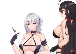 Rule 34 | 2girls, absurdres, azur lane, bare shoulders, bikini, black bikini, black gloves, black hair, blue eyes, blush, bow, breasts, center opening, chuer 722, cleavage, commentary request, from side, gloves, hair bow, hand up, highres, key, large breasts, long hair, looking at another, mole, mole under eye, multiple girls, red bow, red eyes, shoukaku (azur lane), shoukaku (sororal wings) (azur lane), swimsuit, taihou (azur lane), twintails, upper body, very long hair, white hair