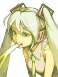Rule 34 | 1girl, bare shoulders, collared shirt, green hair, grey necktie, grey shirt, hair between eyes, hatsune miku, headphones, long hair, looking at viewer, mouth hold, necktie, nonco, open mouth, phallic symbol, red pupils, shirt, simple background, sleeveless, sleeveless shirt, solo, spring onion, twintails, upper body, vocaloid, white background, wing collar
