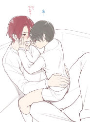 Rule 34 | 10s, 2boys, age difference, blush, child, free!, male focus, matsuoka rin, multiple boys, nanase haruka (free!), partially colored, sitting, sitting on person, size difference, white background, wince