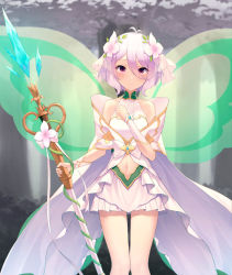 Rule 34 | 1girl, bare shoulders, blush, bow, breasts, closed mouth, clothing request, collarbone, commentary request, detached sleeves, elf, fairy wings, feet out of frame, flower, green wings, hair between eyes, hair flower, hair ornament, hanavvi, hand up, highres, holding, holding staff, kokkoro (princess) (princess connect!), kokkoro (princess connect!), looking at viewer, medium hair, navel, pleated skirt, pointy ears, princess connect!, see-through, silver hair, skirt, small breasts, solo, split mouth, staff, white bow, white skirt, wings