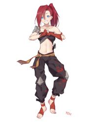 Rule 34 | 1girl, absurdres, artist name, bare shoulders, black pants, blue eyes, breasts, character request, collarbone, copyright request, full body, grin, hair between eyes, highres, knee pads, long hair, looking at viewer, midriff, navel, palm-fist greeting, pants, ponytail, red hair, sash, small breasts, smile, solo, standing, stomach, strapless, transparent background, tube top, wrist wrap, yeh (354162698)