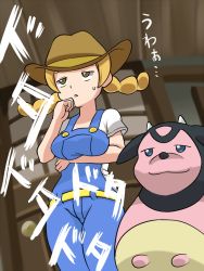 Rule 34 | 1girl, :3, belt, blonde hair, blue eyes, breast hold, breasts, brown eyes, brown hat, building, buttons, closed mouth, commentary request, cow, cowboy hat, creatures (company), denim, door, doorknob, game freak, gameplay mechanics, gen 2 pokemon, hand to own mouth, hat, horns, jitome, large breasts, long hair, looking up, miltank, nintendo, npc trainer, open mouth, overalls, pokemon, pokemon (creature), pokemon breeder (pokemon), pokemon sm, refuto, shirt, short sleeves, sidelocks, standing, suspenders, sweatdrop, text focus, triangle mouth, twintails, udder, undershirt, white shirt, wooden door