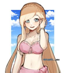 Rule 34 | 1girl, :d, arm at side, artist name, bare shoulders, barry nah, bikini, blonde hair, blue eyes, blush, braid, breasts, cleavage, cloud, danganronpa (series), danganronpa 2: goodbye despair, danganronpa s: ultimate summer camp, day, green eyes, grey background, hand in own hair, large breasts, long hair, looking at viewer, navel, open mouth, pink bikini, sky, smile, solo, sonia nevermind, stomach, swimsuit, teeth, upper teeth only