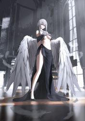 Rule 34 | 1girl, absurdres, black footwear, black skirt, braid, breasts, feathers, fish toucher, grey hair, hair between eyes, high heels, highres, indoors, instrument, large breasts, liv: empyrea (punishing: gray raven), liv (punishing: gray raven), long hair, looking at viewer, navel, parted lips, piano, punishing: gray raven, purple eyes, skirt, solo, standing, underboob, wings