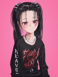 Rule 34 | 1girl, absurdres, bad id, bad twitter id, belt, black belt, black hair, blush, chain, chain necklace, closed mouth, clothes writing, forehead, gishiki (gshk), goth fashion, highres, jewelry, long sleeves, looking at viewer, necklace, original, pentacle, pink background, red eyes, simple background, smile, solo, twintails