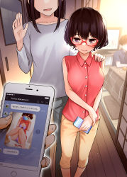 Rule 34 | 2girls, bare arms, bare legs, bare shoulders, blush, bra, breasts, cellphone, cellphone photo, cleavage, closed mouth, collarbone, collared shirt, commentary request, dojirou, food, frown, fruit, glasses, hand on another&#039;s shoulder, height difference, highres, holding, holding phone, indoors, knees up, kotatsu, looking at viewer, mandarin orange, medium breasts, multiple girls, open clothes, open shirt, original, panties, phone, photo comparison, pov, purple bra, purple eyes, purple hair, purple panties, red-framed eyewear, red shirt, shirt, short hair, sleeveless, sleeveless shirt, sliding doors, smartphone, standing, sweat, table, television, translated, underwear, waving