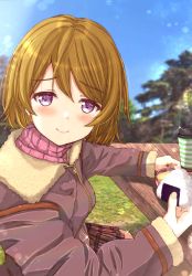 Rule 34 | 1girl, 243 athha, artist name, artist request, blue sky, blush, breasts, brown hair, cloud, coat, day, female focus, food, fur-trimmed coat, fur trim, fushimi asuha, hair between eyes, highres, holding, holding food, koizumi hanayo, looking at viewer, love live!, love live! school idol project, medium breasts, onigiri, outdoors, parted lips, purple eyes, red skirt, red sweater, short hair, sitting, sitting on table, skirt, sky, smile, solo, sweater, table, zipper pull tab