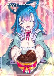 Rule 34 | 1girl, :d, ^ ^, aqua dress, blue hair, blue nails, chocolate, choker, closed eyes, commentary request, dress, facing viewer, fangs, hair ornament, hair rings, hair stick, happy halloween, highres, holding, kaku seiga, long hair, long sleeves, nail polish, open mouth, pink background, red choker, red ribbon, ribbon, ribbon choker, shawl, smile, solo, sparkle, striped, striped background, touhou, upper body, vertical stripes, zounose