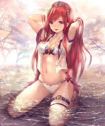 Rule 34 | 10s, 1girl, :p, arms up, arriet (shingeki no bahamut), bikini, bow, breasts, brown eyes, cleavage, closed eyes, granblue fantasy, hair ornament, highres, kneeling, long hair, medium breasts, navel, official art, outdoors, partially submerged, plant, red bow, red hair, see-through, shingeki no bahamut, shirt, sidelocks, single thighhigh, smile, solo, stomach, striped bikini, striped clothes, swimsuit, tachikawa mushimaro, thigh strap, thighhighs, tongue, tongue out, tree, vertical-striped bikini, vertical-striped clothes, very long hair, wet, wet clothes, wet shirt, white bikini, white thighhighs, wristband