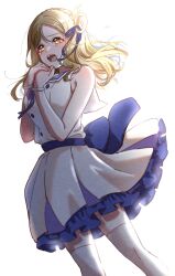 Rule 34 | 1girl, back bow, blonde hair, blue ribbon, bow, bracelet, braid, check commentary, commentary request, crown braid, dress, hair ribbon, highres, jewelry, long hair, love live!, love live! sunshine!!, nakaya rei, ohara mari, open mouth, own hands together, ribbon, short dress, sidelighting, simple background, single bang, single hair ring, sleeveless, sleeveless dress, solo, tears, teeth, thighhighs, upper teeth only, white background, white dress, white thighhighs, yellow eyes