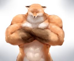 Rule 34 | abs, animal focus, closed eyes, crossed arms, fox, gradient background, grey background, highres, meme, muscular, no humans, original, simple background, solo, sukemyon, upper body