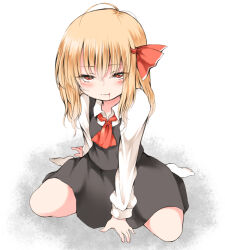 Rule 34 | 1girl, alternate hair length, alternate hairstyle, arm behind back, arm support, ascot, black skirt, black vest, blonde hair, blood, blood from mouth, blush, bow, closed mouth, collared shirt, dot nose, full body, hair bow, half-closed eyes, highres, long sleeves, looking at viewer, nanana (chicken union), no shoes, on ground, red ascot, red bow, rumia, shirt, sitting, skirt, skirt set, smile, socks, solo, split mouth, touhou, tsurime, vest, wariza, white background, white shirt, white socks, wing collar