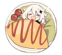 Rule 34 | 1girl, blush stickers, cherry tomato, chibi, closed eyes, commentary request, drooling, facing viewer, food, genshin impact, hair between eyes, hands up, highres, in food, ketchup, long sleeves, lying, mini person, minigirl, mouth drool, omelet, omurice, on back, open mouth, paimon (genshin impact), plate, signature, simple background, sofra, solo, tomato, twitter username, white background, white hair