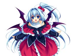 Rule 34 | 1girl, bare shoulders, bat wings, blue eyes, blue hair, female focus, game cg, hair bobbles, hair ornament, long hair, matching hair/eyes, multiple wings, mystic square, open mouth, riv (rivleaf), shinki (touhou), side ponytail, smile, solo, tachi-e, touhou, touhou (pc-98), transparent background, very long hair, wings