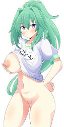 Rule 34 | 1girl, absurdres, alternate costume, bad id, bad pixiv id, blouse, blush, bottomless, breasts, character name, choujigen game neptune, cleft of venus, clothes lift, cowboy shot, from side, grabbing, green hair, green heart (neptunia), groping, gym uniform, hair between eyes, hair intakes, hand on own hip, highres, inverted nipples, large breasts, long hair, looking at viewer, naruse mai, navel, neptune (series), nipples, no bra, ponytail, power symbol-shaped pupils, purple eyes, pussy, shirt, shirt lift, simple background, smile, solo, standing, symbol-shaped pupils, thighs, uncensored, very long hair, white background, white shirt