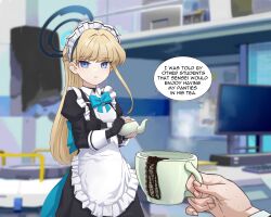 Rule 34 | 1girl, 1other, absurdres, apron, black dress, black gloves, black panties, blonde hair, blue archive, blue eyes, blue halo, blurry, blurry background, closed mouth, commentary, cup, dress, english commentary, english text, fingerless gloves, gloves, halo, highres, holding, holding cup, holding teapot, juliet sleeves, long hair, long sleeves, looking at viewer, luizhtx, maid, maid headdress, panties, pov, pov hands, puffy sleeves, revision, solo focus, speech bubble, teapot, toki (blue archive), underwear, unworn panties, white apron