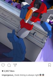 Rule 34 | 1boy, coffin, decepticon, english text, fake screenshot, hand on own chest, highres, instagram, leaning back, looking down, mecha, nem (virtual nemesis), no humans, photo-referenced, red eyes, robot, smirk, solo, starscream, transformers