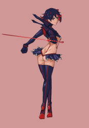 Rule 34 | 10s, 1girl, ass, back, bad id, bad pixiv id, between buttocks, black hair, blue eyes, boots, breasts, butt crack, clenched hands, crossed legs, dimples of venus, from behind, high heels, highres, hong doo, horns, kill la kill, crossed legs, matoi ryuuko, medium breasts, microskirt, multicolored hair, pink background, red hair, revealing clothes, reverse grip, scissor blade (kill la kill), senketsu, skirt, solo, standing, suspenders, thigh boots, thighhighs, thong, two-tone hair, underboob, watson cross