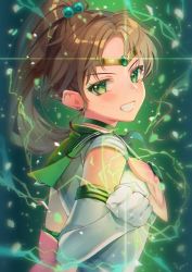 Rule 34 | +1 (yakusoku0722), 1girl, aura, back bow, bishoujo senshi sailor moon, bow, brown hair, choker, commentary, dated, earrings, elbow gloves, electricity, flower earrings, from side, gloves, green background, green choker, green eyes, green sailor collar, green theme, grin, hair bobbles, hair ornament, highres, jewelry, kino makoto, leaf, leotard, long hair, looking at viewer, magical girl, parted bangs, pink bow, ponytail, sailor collar, sailor jupiter, short sleeves, smile, solo, sparkle, tiara, white gloves, white leotard