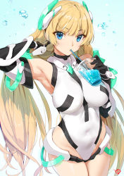 Rule 34 | 1girl, angela balzac, arm up, armpits, bare shoulders, black gloves, blonde hair, blue eyes, breasts, commentary request, covered navel, cowboy shot, drinking, drinking straw, elbow gloves, gloves, gradient background, tucking hair, headgear, highleg, highleg leotard, highres, impossible clothes, impossible leotard, large breasts, leotard, long hair, looking at viewer, low twintails, rakuen tsuihou, simple background, solo, twintails, very long hair, water drop, wide hips, yd (orange maru)