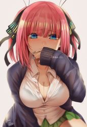Rule 34 | 1girl, black bra, black ribbon, blue eyes, blunt bangs, blush, bra, breasts, cleavage, collared shirt, commentary request, covering own mouth, dress shirt, go-toubun no hanayome, green skirt, hair ornament, hair ribbon, highres, hoshi san 3, lace, lace bra, large breasts, long sleeves, looking at viewer, multicolored nails, nail polish, nakano nino, pink hair, pleated skirt, ribbon, see-through, shirt, short hair, skirt, solo, thighs, translation request, underwear, white shirt