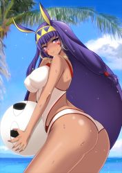 Rule 34 | 1girl, ass, ball, beach, blush, dark-skinned female, dark skin, day, facial mark, fate/grand order, fate (series), highres, kawabata yoshihiro, long hair, looking to the side, medjed (fate), nitocris (fate), nitocris (swimsuit assassin) (second ascension) (fate), palm tree, purple eyes, purple hair, smile, solo, sweat, swimsuit, tree