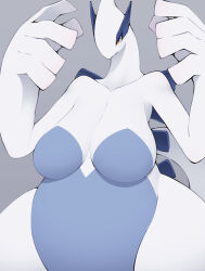 Rule 34 | 1girl, absurdres, blue skin, breasts, brown eyes, collarbone, colored skin, cowboy shot, creatures (company), female focus, furry, furry female, game freak, gen 2 pokemon, grey background, highres, large breasts, legendary pokemon, lugia, nintendo, no nipples, nude, plump, pokemon, solo, standing, tail, thick thighs, thighs, white skin, wide hips, yasume (cheap melon soda)