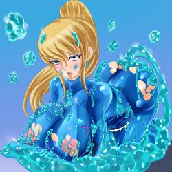 Rule 34 | 1girl, ahegao, ass, blonde hair, blue eyes, blush, breasts, clothed sex, gucchi (n3gt6apf), highres, inflation, large breasts, metroid, monster, nipples, pixiv sample, resized, samus aran, sex, slime, solo, stomach bulge, torn clothes, zero suit