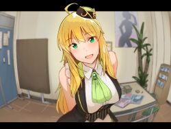 Rule 34 | 1girl, ahoge, arms behind back, ascot, bare shoulders, black dress, blonde hair, blurry, blurry background, blush, book, breasts, brooch, brown hat, dot nose, dress, fisheye, green ascot, green eyes, hat, highres, hoshii miki, idolmaster, idolmaster (classic), idolmaster million live!, idolmaster million live! theater days, indoors, jewelry, large breasts, leaning forward, long hair, looking at viewer, mini hat, momo no suidou-sui, open mouth, papers, partition, plant, poster (object), potted plant, sleeveless, sleeveless dress, smile, solo, stool, table, tile floor, tiles, upper body