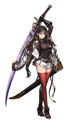 Rule 34 | 1girl, arm up, armor, armored shoes, black hair, breastplate, breasts, brown dust, earrings, gauntlets, grey eyes, hair between eyes, highres, holding, holding sword, holding weapon, huge weapon, jacket, jacket on shoulders, jewelry, katana, large breasts, long hair, miniskirt, official art, ootachi, red thighhighs, ribbed shirt, serious, sheath, shirt, skindentation, skirt, sword, thighhighs, transparent background, ventana (brown dust), weapon, wide sleeves