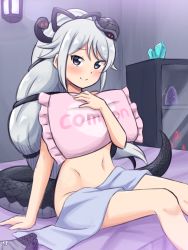 Rule 34 | 1girl, absurdres, black eyes, blush, commentary, crystal, frilled pillow, frills, genbu (kemono friends), grey hair, hair ornament, highres, holding, holding pillow, indoors, kemono friends, long hair, looking at viewer, navel, nude, on bed, panties, unworn panties, pillow, pillow writing, ponytail, shiraha maru, sitting, smile, snake hair ornament, snake tail, solo, split mouth, tail, turtle shell, underwear, very long hair