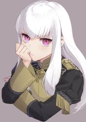 Rule 34 | 1girl, buttons, closed mouth, commentary request, cropped torso, epaulettes, fire emblem, fire emblem: three houses, garreg mach monastery uniform, grey background, head rest, isa (peien516), juliet sleeves, long hair, long sleeves, looking at viewer, lysithea von ordelia, nintendo, pink eyes, puffy sleeves, simple background, solo, uniform, white hair