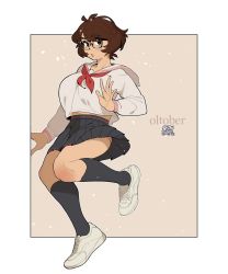 Rule 34 | 1girl, alternate costume, black skirt, breasts, brown eyes, commentary, dated, english commentary, glasses, highres, large breasts, open hand, original, parted lips, sailor collar, school uniform, serafuku, short hair, skirt, snowcie, snowciel, socks, solo, white footwear