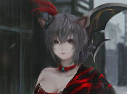 Rule 34 | 1girl, absurdres, animal ears, aoi ogata, artist name, black eyes, breasts, building, cat ears, choker, cleavage, closed mouth, grey hair, grey sky, hair between eyes, highres, large breasts, looking at viewer, lu lingqi, outdoors, red choker, red lips, shin sangoku musou, shin sangoku musou 8, short hair, sky, solo, upper body
