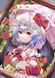 Rule 34 | 1girl, ametama (runarunaruta5656), belt, blue hair, blurry, blurry background, bow, choker, closed mouth, dress, fang, flower, hat, hat bow, hat flower, highres, holding, holding umbrella, looking at viewer, mob cap, puffy short sleeves, puffy sleeves, purple flower, purple rose, red belt, red bow, red eyes, red flower, red rose, remilia scarlet, rose, short hair, short sleeves, smile, solo, touhou, umbrella, upper body, white dress, white hat, white umbrella
