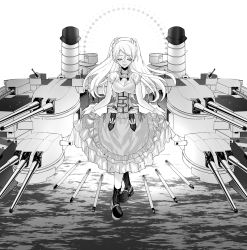 Rule 34 | 1girl, anno88888, breasts, cannon, cleavage, conte di cavour (kancolle), crossed legs, curtsey, dress, facing viewer, full body, greyscale, highres, kantai collection, large breasts, crossed legs, long hair, long sleeves, machinery, monochrome, skirt hold, smokestack, solo, torpedo, turret, two side up, watson cross