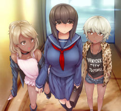 Rule 34 | 1girl, 2boys, abubu, age difference, androgynous, animal print, bag, bare shoulders, blonde hair, boots, boy sandwich, breasts, briefcase, brown eyes, brown hair, casual, child, choker, clothes writing, crossdressing, dark skin, eyeliner, ganguro, highres, holding hands, huge breasts, interlocked fingers, jacket, jewelry, leopard print, long hair, makeup, multiple boys, necklace, onee-shota, open clothes, open jacket, open mouth, original, red eyes, sandwiched, school bag, school briefcase, school uniform, serafuku, short hair, short shorts, shorts, skirt, sweatdrop, trap