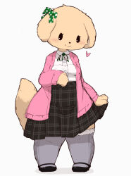 Rule 34 | 1girl, :3, animal ears, black footwear, black skirt, blank eyes, blush, body fur, bow, brown eyes, buttons, cardigan, chipar, closed mouth, clothes lift, collared shirt, dog ears, dog girl, dog tail, ear bow, female focus, full body, furry, furry female, green bow, green ribbon, grey background, grey thighhighs, groin outline, hand up, happy, heart, high-waist skirt, lifting own clothes, long sleeves, looking at viewer, miniskirt, neck ribbon, open cardigan, open clothes, original, pink cardigan, pleated skirt, polka dot, polka dot bow, ribbon, shirt, shirt tucked in, shoes, simple background, skirt, skirt lift, smile, solo, standing, tail, thick thighs, thighhighs, thighs, white shirt, wide hips, yellow fur