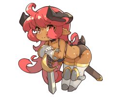 Rule 34 | 1girl, ahoge, armor, bent over, bikini armor, breasts, closed mouth, commentary, commentary request, dark-skinned female, dark skin, english commentary, hands on hilt, hanging breasts, horns, knee guards, looking at viewer, original, planted, planted sword, planted weapon, pointy breasts, red hair, scabbard, sheath, simple background, smile, solo, standing, sword, thighhighs, unsheathed, vins-mousseux, weapon, white background, white thighhighs