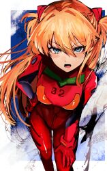 1girl absurdres blue_eyes blue_sky blush bodysuit cloud frown hair_ornament hand_on_own_hip hand_on_own_knee highres long_hair looking_at_viewer mecha_pilot_suit neon_genesis_evangelion open_mouth orange_hair plugsuit red_bodysuit sky solo souryuu_asuka_langley suzuno_woto talking