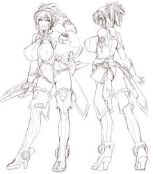Rule 34 | 1girl, azanami (pso2), bare shoulders, breasts, detached sleeves, female focus, high heels, highres, huge breasts, leotard, monochrome, multiple persona, open mouth, phantasy star, phantasy star online 2, ponytail, shoes, short hair, short ponytail, simple background, sketch, standing, taro, thighhighs, white background