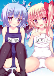 Rule 34 | 2girls, bad id, bad pixiv id, bat wings, black legwear, blonde hair, blue hair, bow, bug, butterfly, fang, flandre scarlet, hair bow, hand on own chest, insect, looking at viewer, multiple girls, one-piece swimsuit, open mouth, pink eyes, remilia scarlet, rika-tan (rikatantan), school swimsuit, side ponytail, sitting, smile, swimsuit, thighhighs, touhou, wariza, white school swimsuit, white one-piece swimsuit, wings