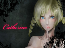 Rule 34 | 1girl, atlus, bare shoulders, blonde hair, blue eyes, catherine, catherine (game), drill hair, endo (replicaaa), female focus, gradient background, lipstick, long hair, makeup, solo, twin drills, twintails